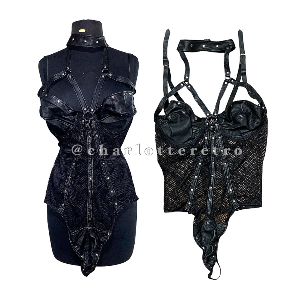 Elegant Moments Leather • Black Mesh Studded Strappy XO Choker Bodysuit